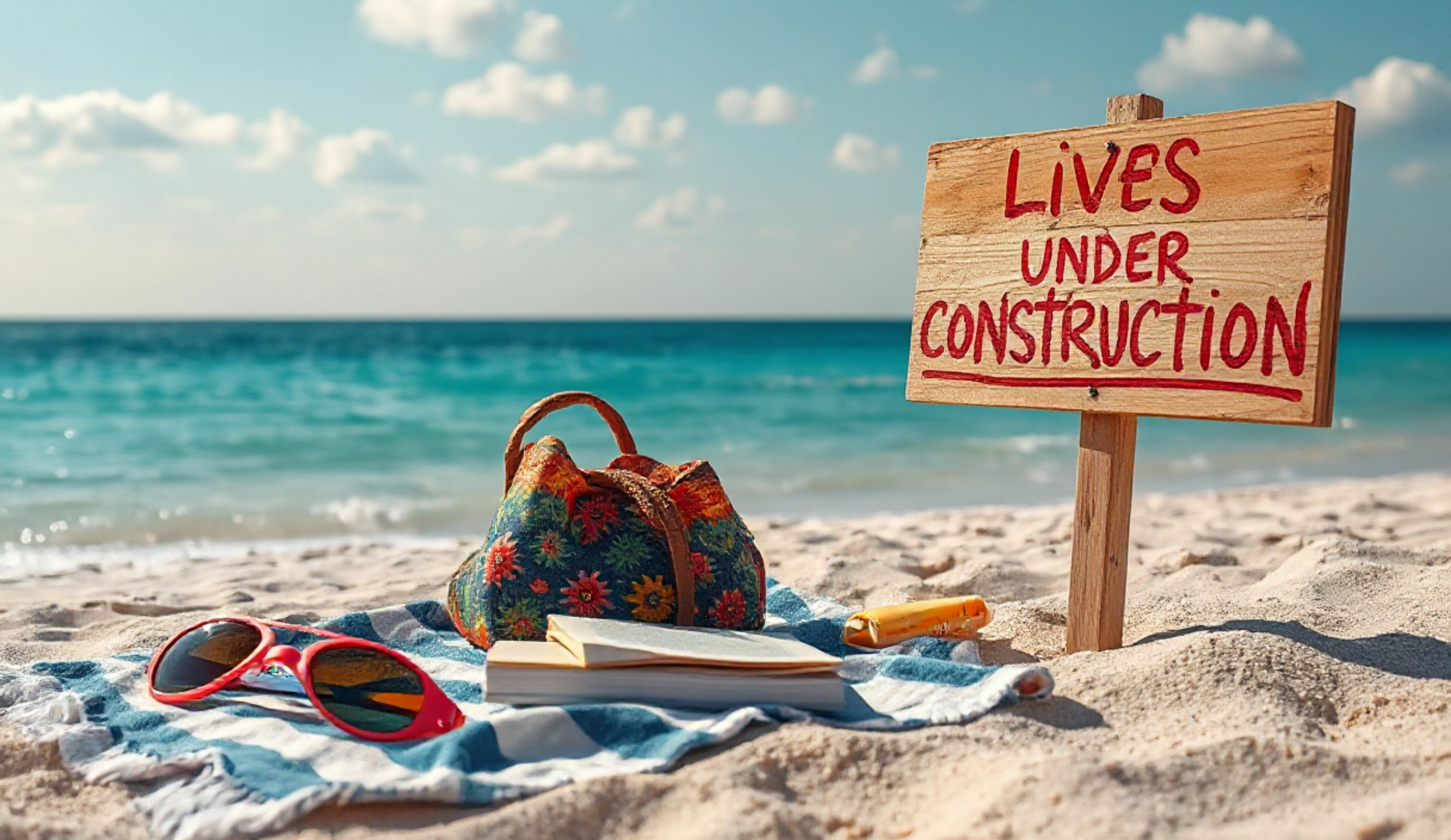 Strandszene mit einem Badetuch, darauf eine Sonnenbrille, ein Buch, eine Strandtasche und daneben in den Sand gesteckt ein, an einen kleinen Holzpfahl genagelten, Holzschild auf dem mit roter Farbe "Lives Under Construction" gepinselt ist. Der Blick geht auf die Weite des Meeres hinaus.