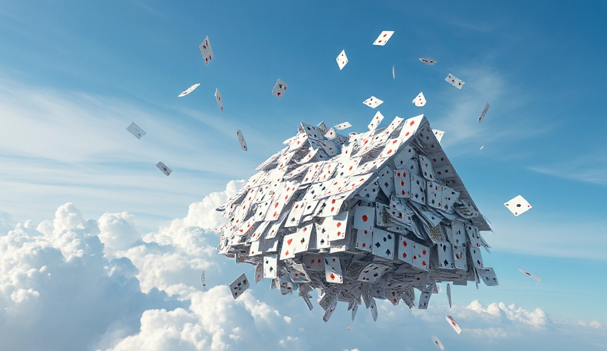 Ein Haus in den Wolken gebildet aus Poker-Karten, welches nur lose zusammenhält und im Begriff ist vom Winde verblasen zu werden als Sinnbild für unsere Selbsttäuschung.