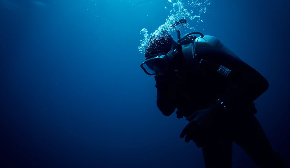 Ein Taucher in einem klaren See in einer dunkelblauen Szenerie als Sinnbild für unser Abtauchen in die Tiefe unseres Selbst.